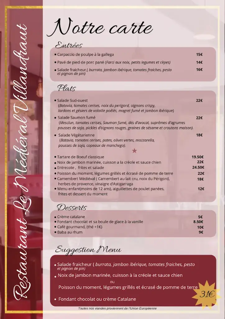 Menu_Restaurant Le Médiéval_Villandraut_image_1