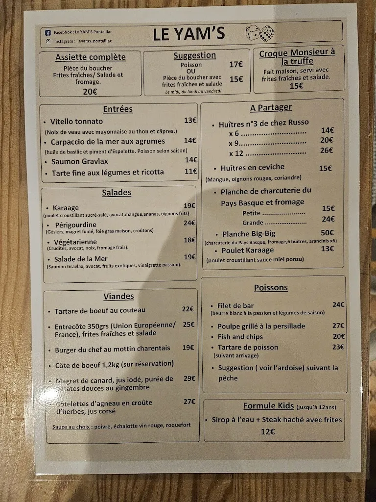 Menu_Restaurant Le Yam’s_Royan_immagine_1