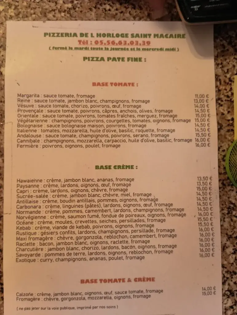 Menu_Pizzeria de l'Horloge_Saint-Macaire_image_1