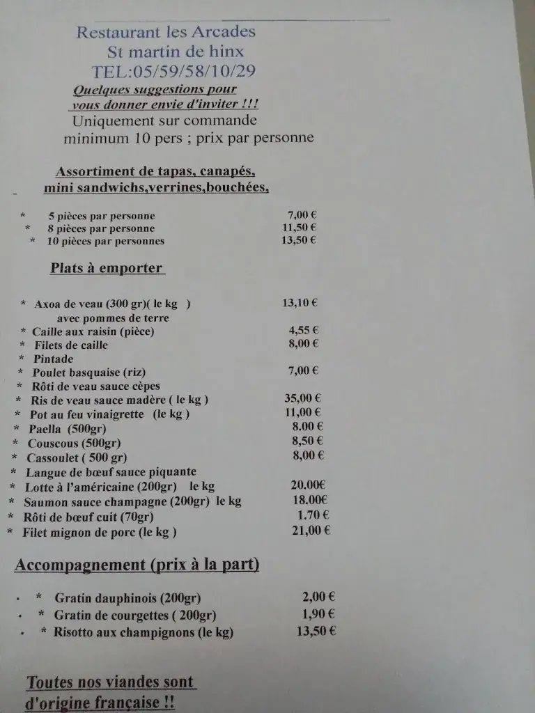 Menu_Restaurant Les Arcades_Saint-Martin-de-Hinx_image_2