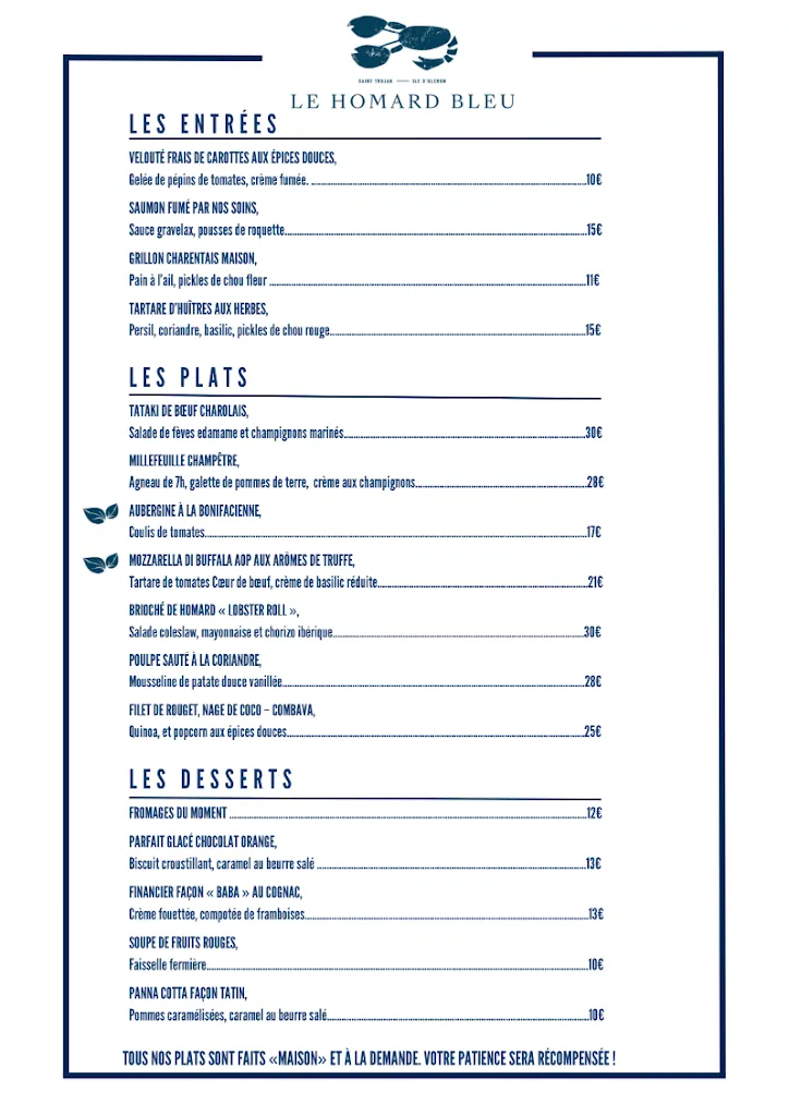 Menu_Restaurant Le Homard Bleu_Saint-Trojan-les-Bains_immagine_1