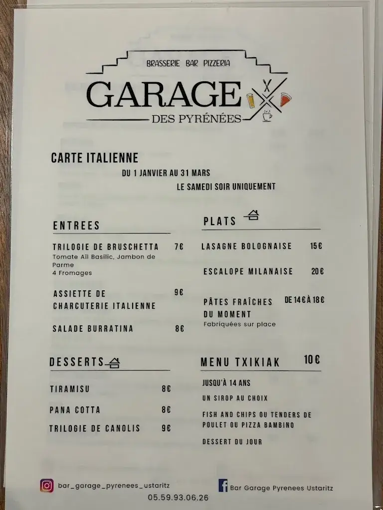 Menu_GARAGE DES PYRENEES BAR BRASSERIE PIZZERIA_Ustaritz_image_2