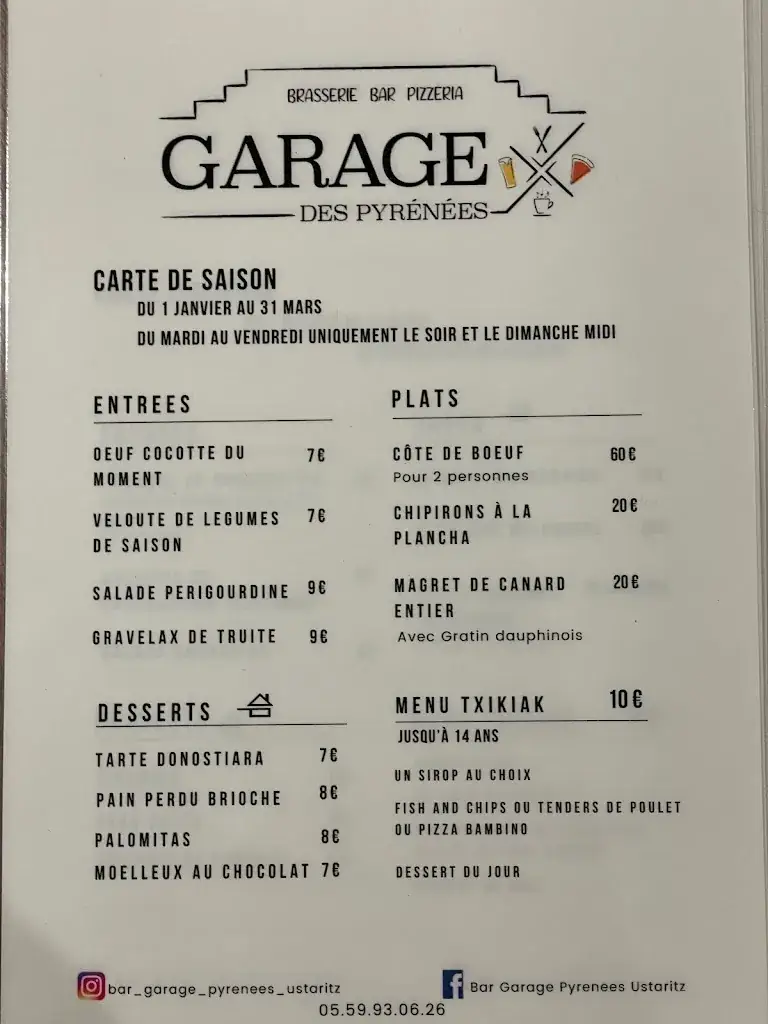 Menu_GARAGE DES PYRENEES BAR BRASSERIE PIZZERIA_Ustaritz_image_3