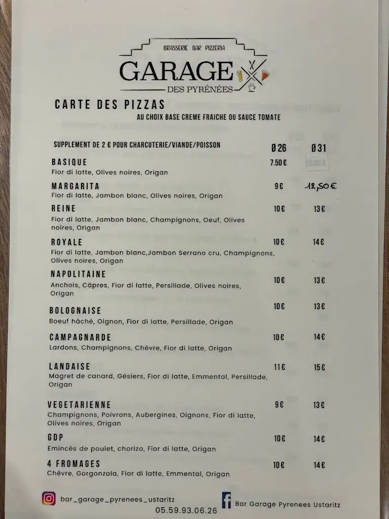Menu_GARAGE DES PYRENEES BAR BRASSERIE PIZZERIA_Ustaritz_image_4