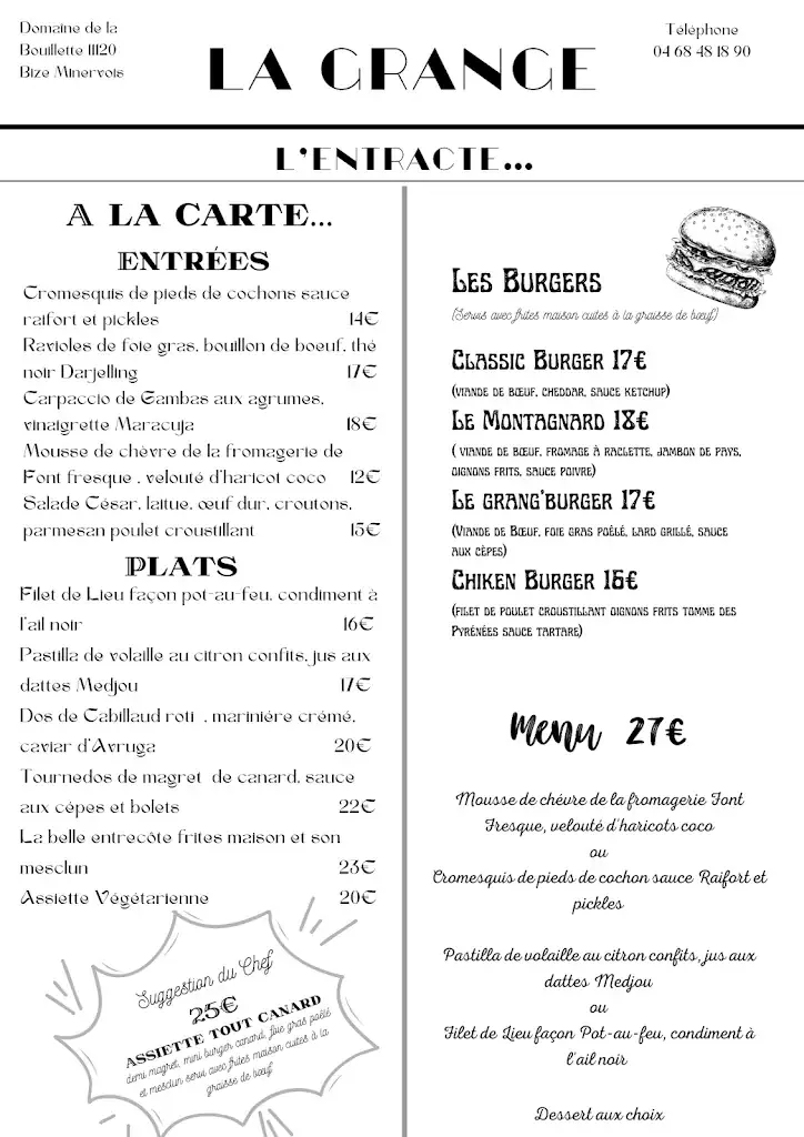 Menu_LA GRANGE - PUB RESTAURANT_Bize-Minervois_image_1