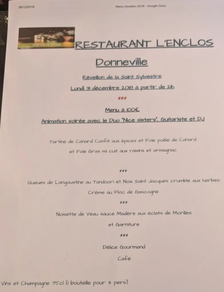 Menu_Restaurant Hôtel L'Enclos_Donneville_image_4