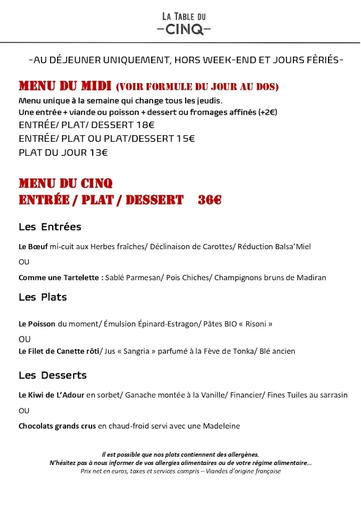 Menu_Restaurant La Table du Cinq_Bagnères-de-Bigorre_image_1