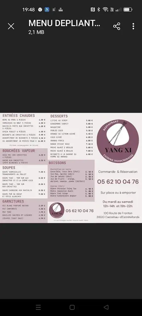 Menu_Yang Xi Cuisine Indochinoise_Castelnau-d'Estrétefonds_immagine_2