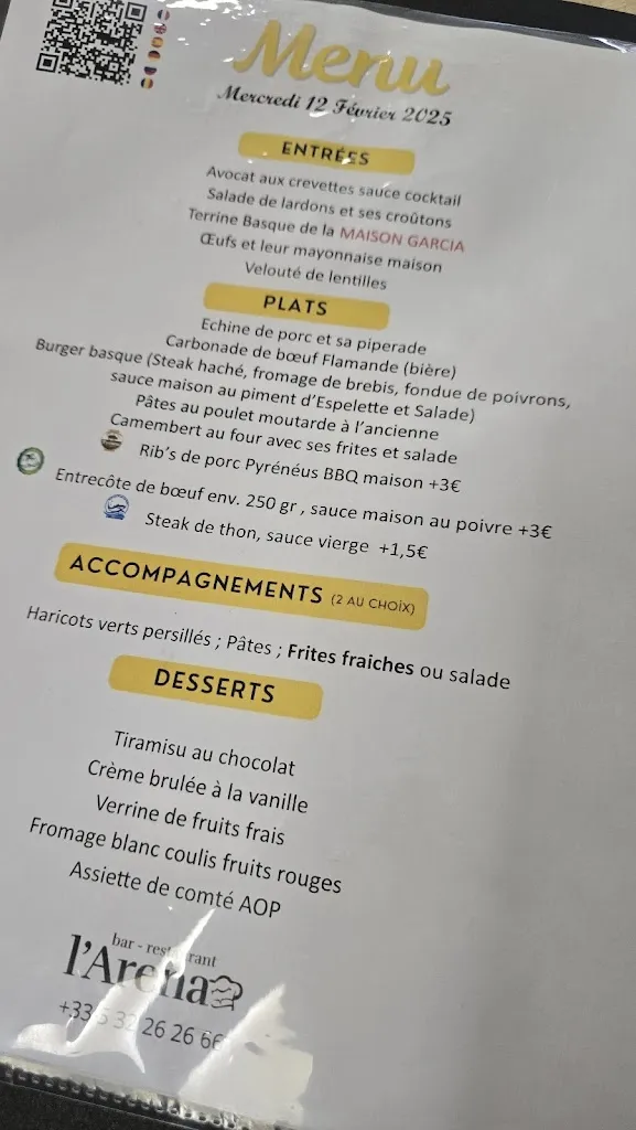 Menu_Bar restaurant l'Arena_Castelnau-d'Estrétefonds_image_1