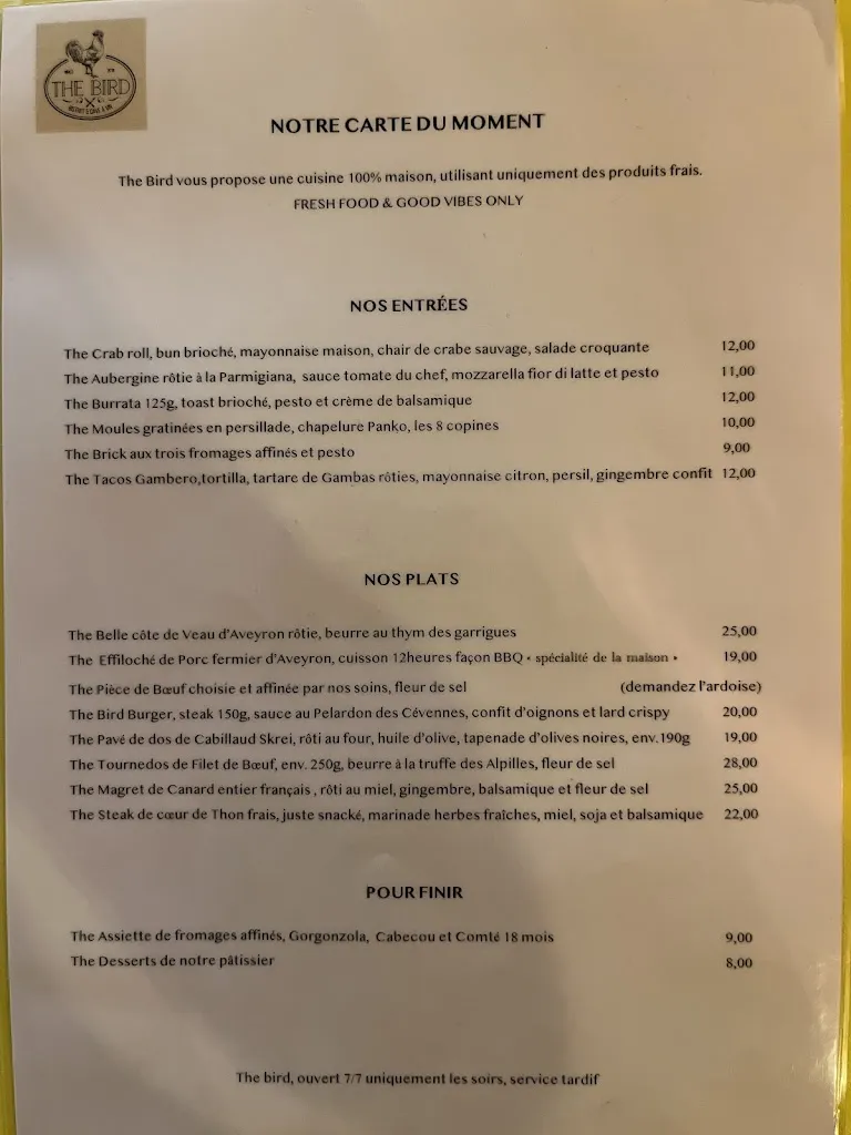Menu_The Bird_Nîmes_image_1