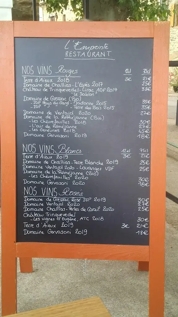 Menu_L'Empreinte Restaurant_Saint-André-d'Olérargues_image_1