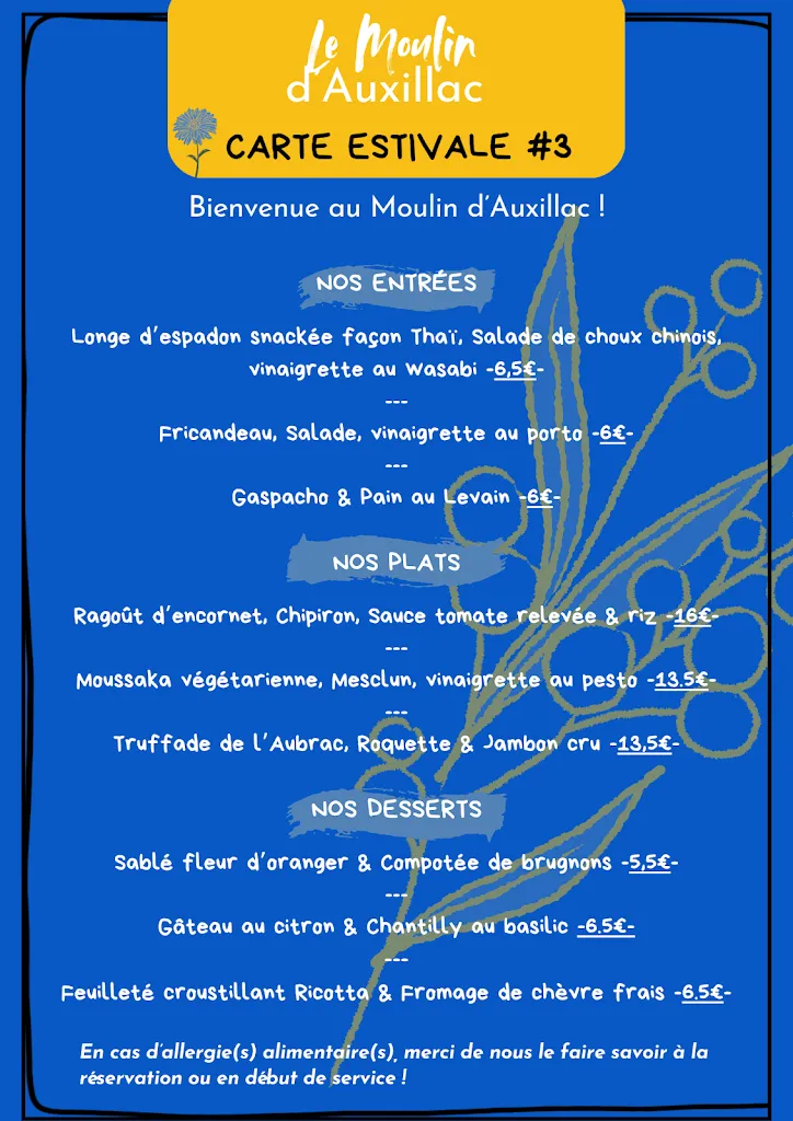 Menu_Le Moulin d'Auxillac : Restaurant (à 2 pas de la sortie de l'A75 !), bar, Hébergement. Au cœur d'un hameau de la Canourgue !_Canourgue_immagine_1