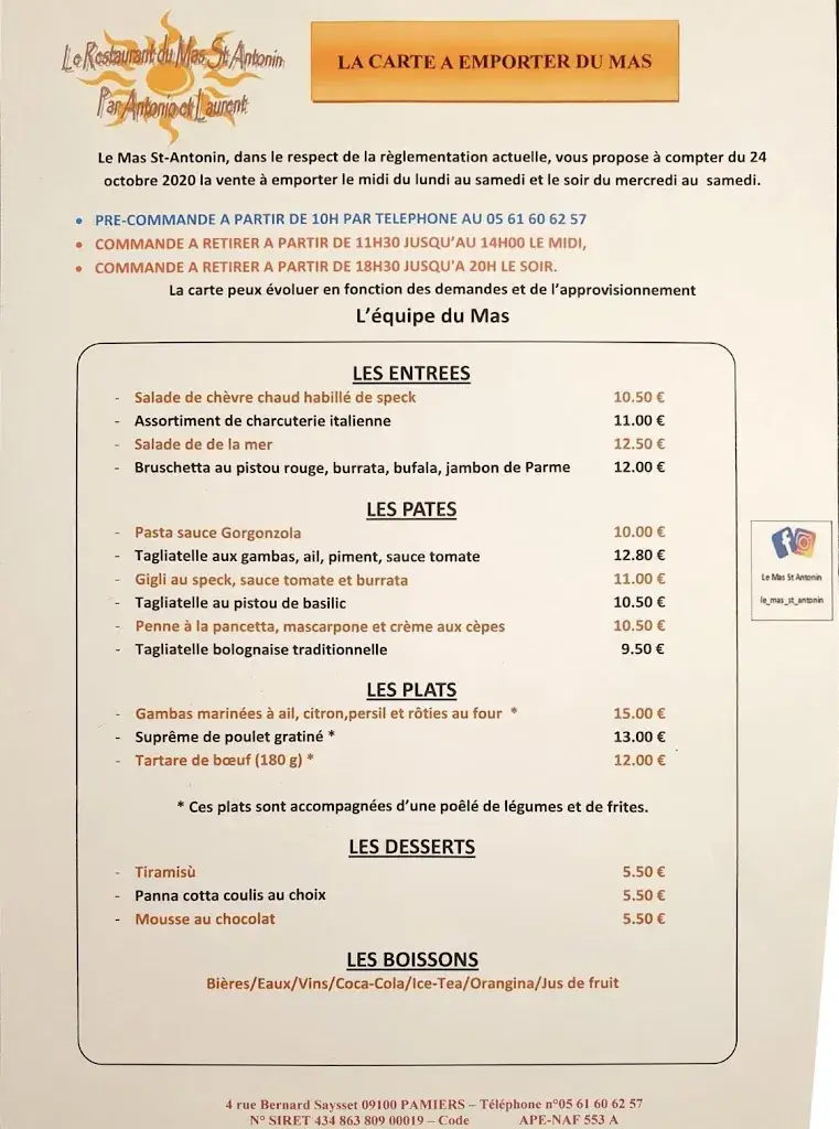 Menu_Le Restaurant du Mas St Antonin_Pamiers_image_2