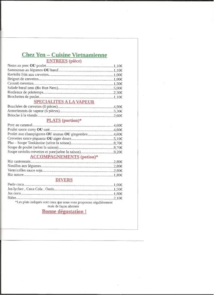Menu_Chez Yen Cuisine Vietnamienne vente a emporter à LABASTIDETTE_Labastidette_image_1