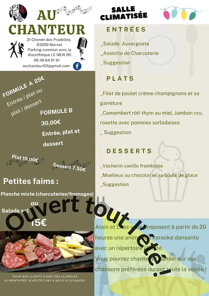 Menu_AU CHANTEUR RESTAURANT festif animation Karaoké Dansante._Marsat_image_1