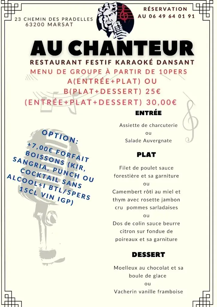 Menu_AU CHANTEUR RESTAURANT festif animation Karaoké Dansante._Marsat_image_3
