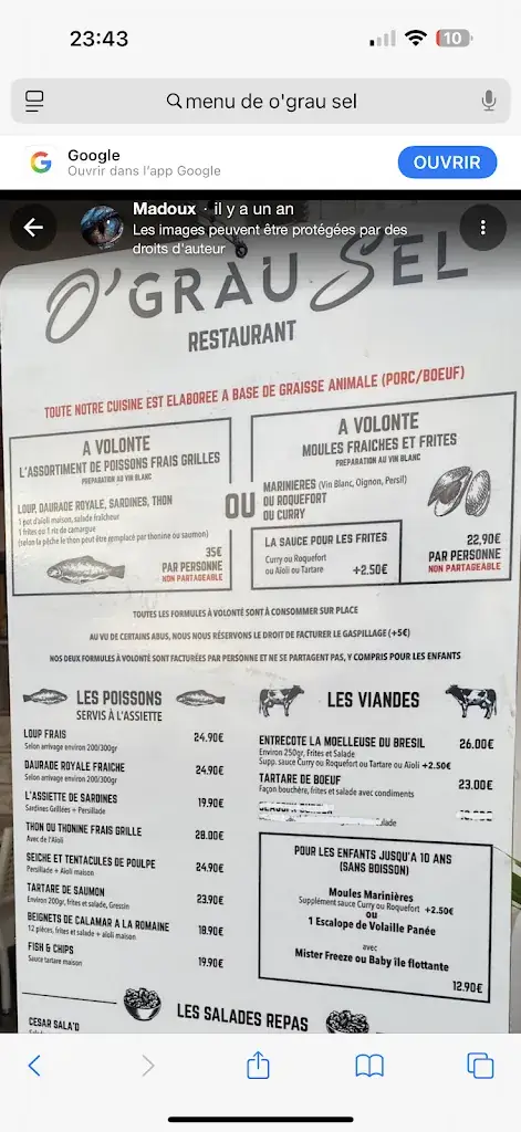 Menu_O' Grau Sel, restaurant de poissons, Terrasse Non Fumeur_Grau-du-Roi_image_1