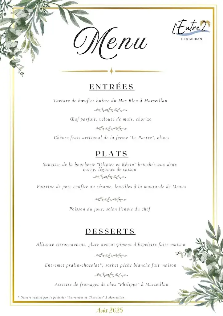 Menu_Restaurant L'Entre 2 Marseillan-Plage_Marseillan_image_1