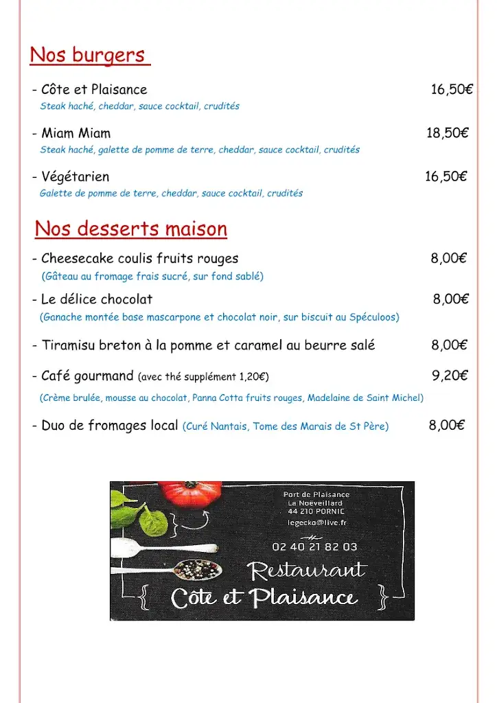 Menu_Cote Et Plaisance restaurant Pornic_Pornic_image_1