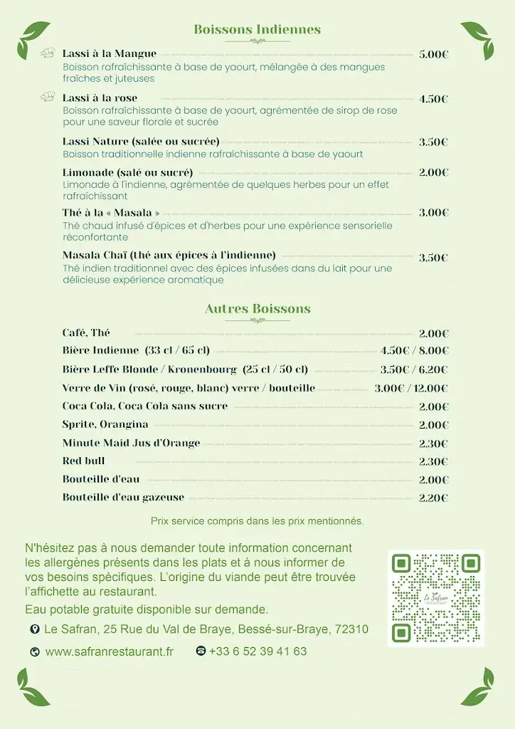 Menu_Le Safran - Restaurant Indien & Bar_Bessé-sur-Braye_image_1