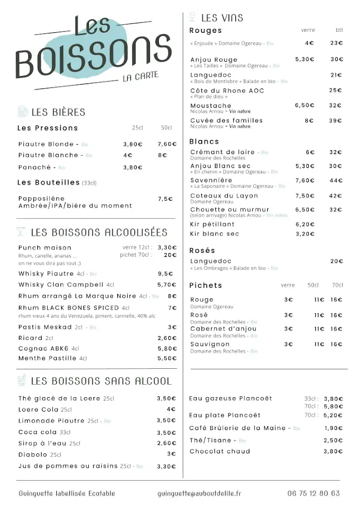 Menu_Guinguette et hébergement touristique Au Bout de l'île - Restaurant, gîte, chambres d'hôtes, yourtes et toue cabanée _Mauges-sur-Loire_image_2