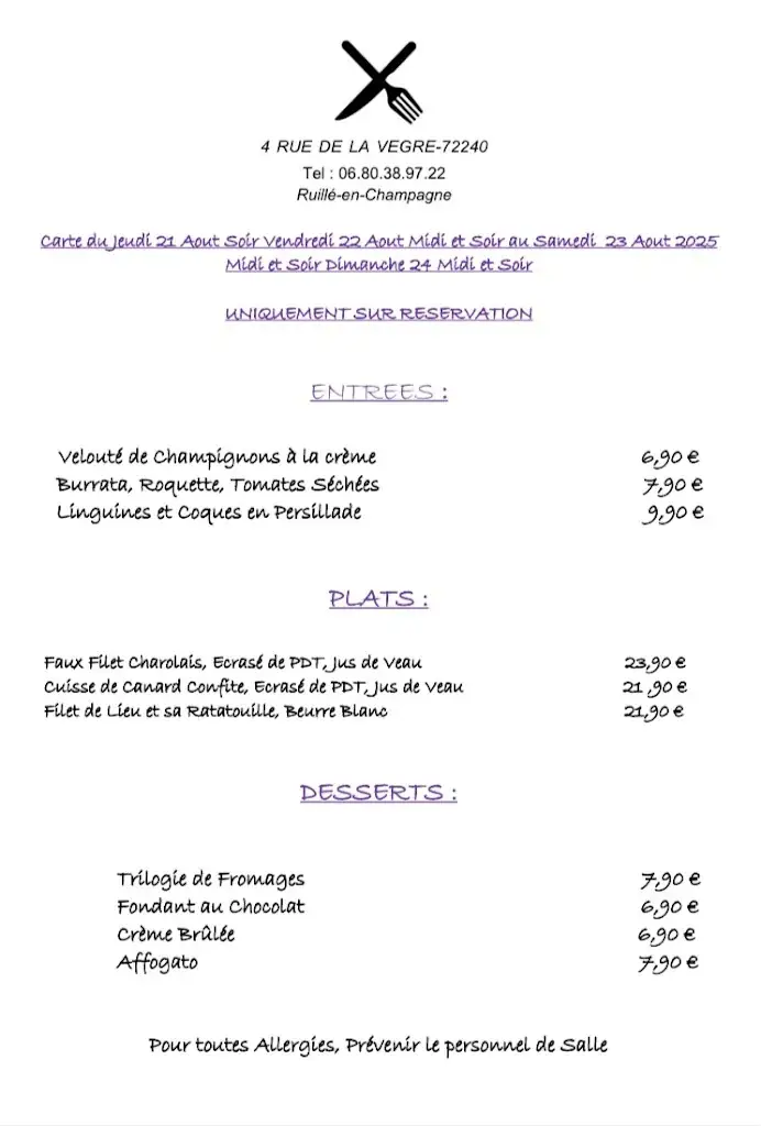 Menu_Auberge de la Vegre Ruille en Champagne_Ruillé-en-Champagne_image_1