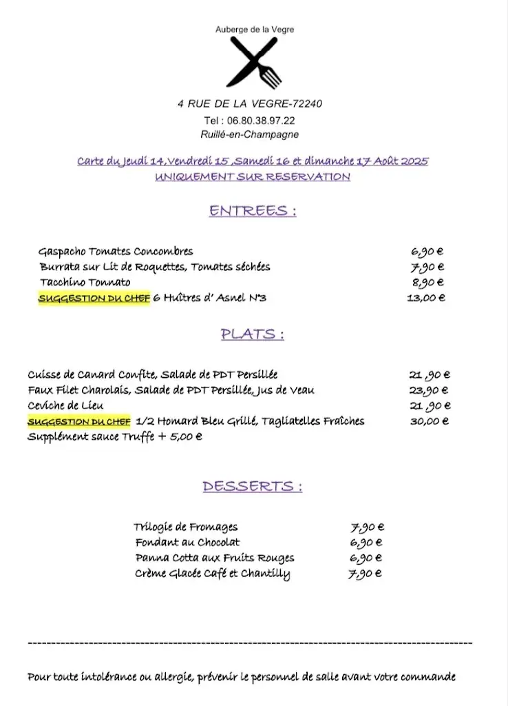 Menu_Auberge de la Vegre Ruille en Champagne_Ruillé-en-Champagne_image_3