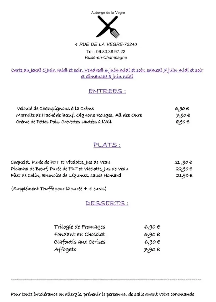 Menu_Auberge de la Vegre Ruille en Champagne_Ruillé-en-Champagne_image_4