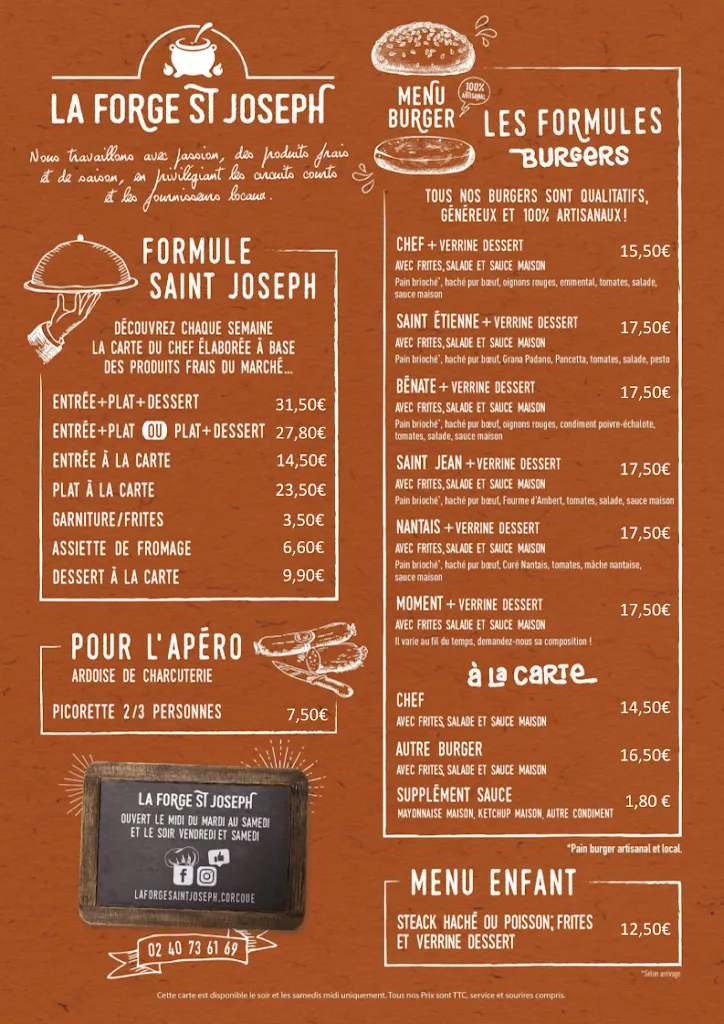 Menu_Restaurant La Forge Saint Joseph, Bar, Traiteur, plats et burgers maison à emporter_Corcoué-sur-Logne_image_1