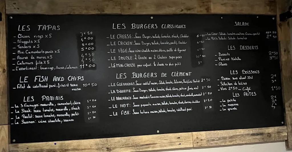 Menu_Chez Clément, burger maison, fish and chips, paninis, salade Guérande🍔🍔🍔🥗🥗🥗🐟🐟🐟🥪🥪🥪_Guérande_immagine_1