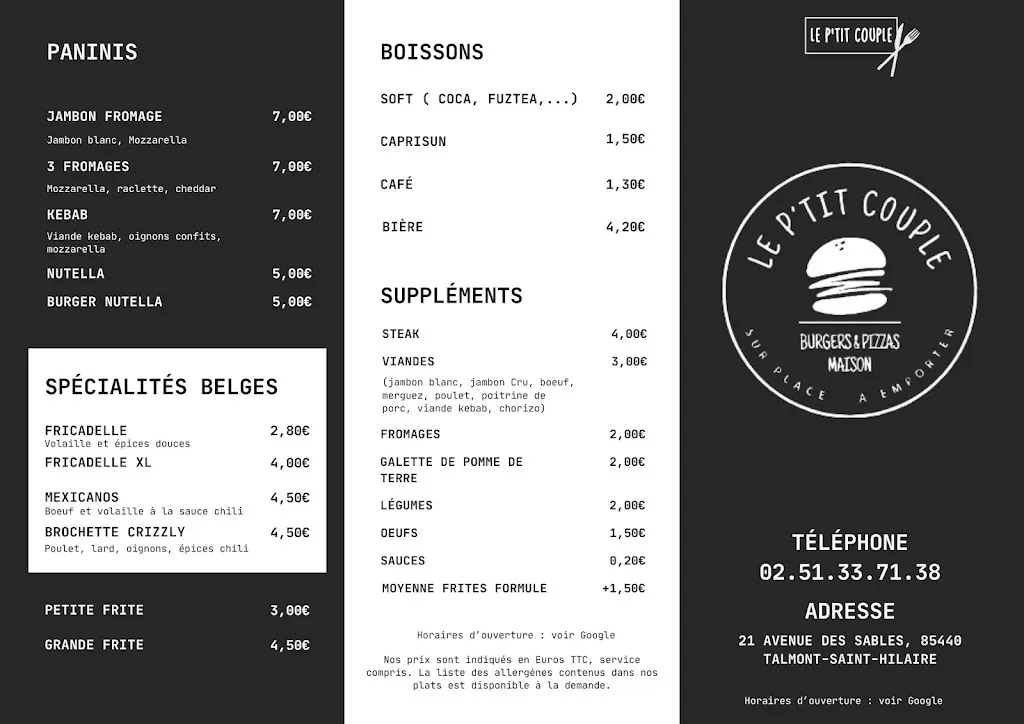 Menu_LE P’TIT COUPLE - Burgers, Pizzas et spécialités Belge sur place/ à emporter_Talmont-Saint-Hilaire_image_2