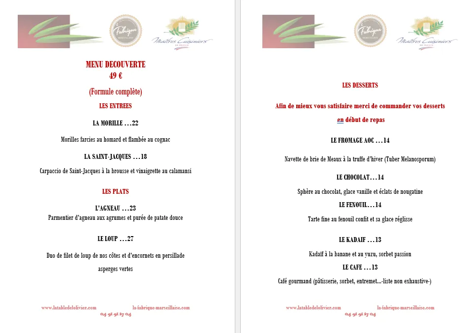 Menu_La Fabrique Marseillaise - La Table De L'olivier_Marseille_image_1