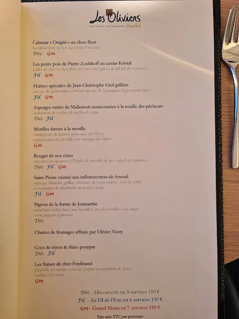 Menu_Restaurant Les Oliviers - Recommandé Guide Michelin_Bandol_image_1