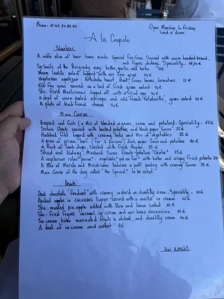 Menu_Restaurant a La Coupole_Neuilly-sur-Seine_image_1