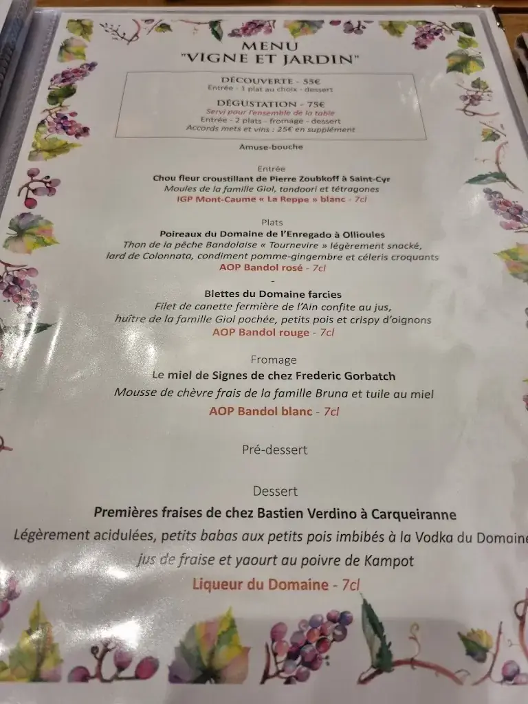 Menu_DOMAINE DE LA FONT DES PERES Restaurant la Ferme Auberge_Beausset_image_1