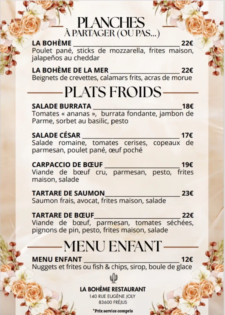 Menu_La Bohème_Fréjus_image_1