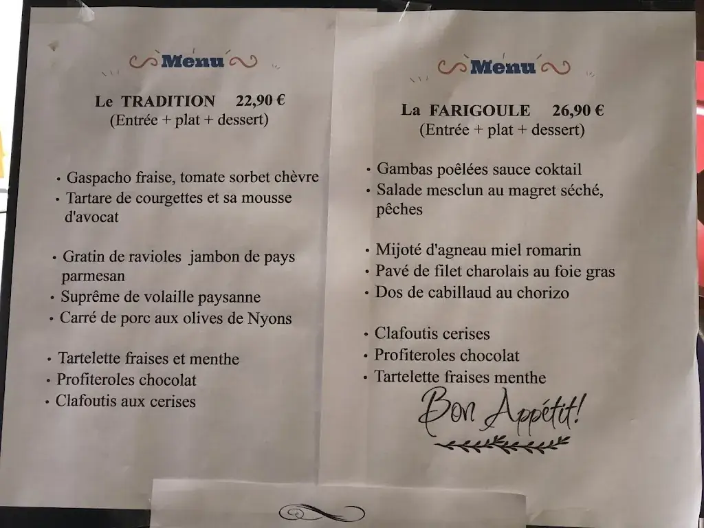 Menu_Restaurant LA FARIGOULE spécialités provençales NYONS_Nyons_image_3