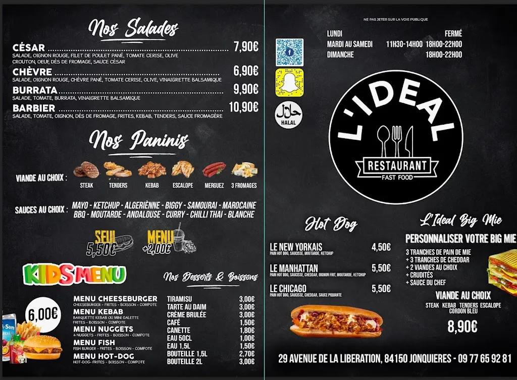 Menu_L’idéal restaurant fast food_Jonquières_image_2