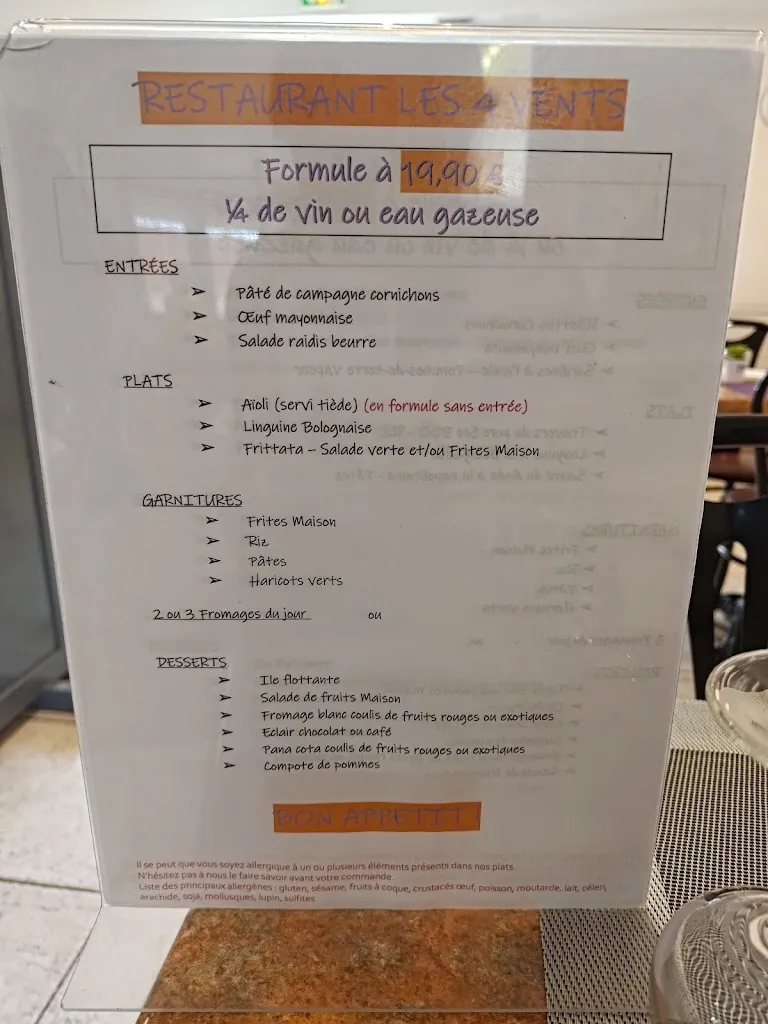 Menu_Restaurant Les 4 Vents - Relais routiers_Cannet-des-Maures_immagine_2