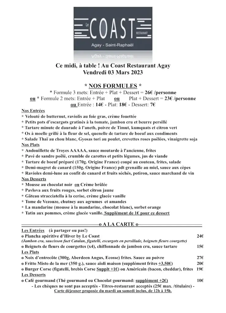 Menu_Le Coast Restaurant Agay_Saint-Raphaël_image_1