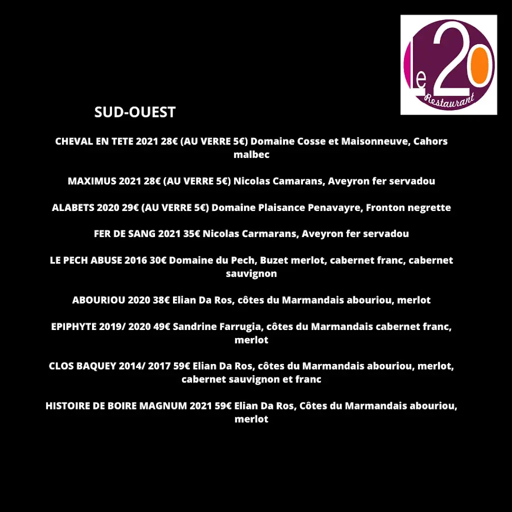 Menu_Restaurant Le 20_Revel_image_1