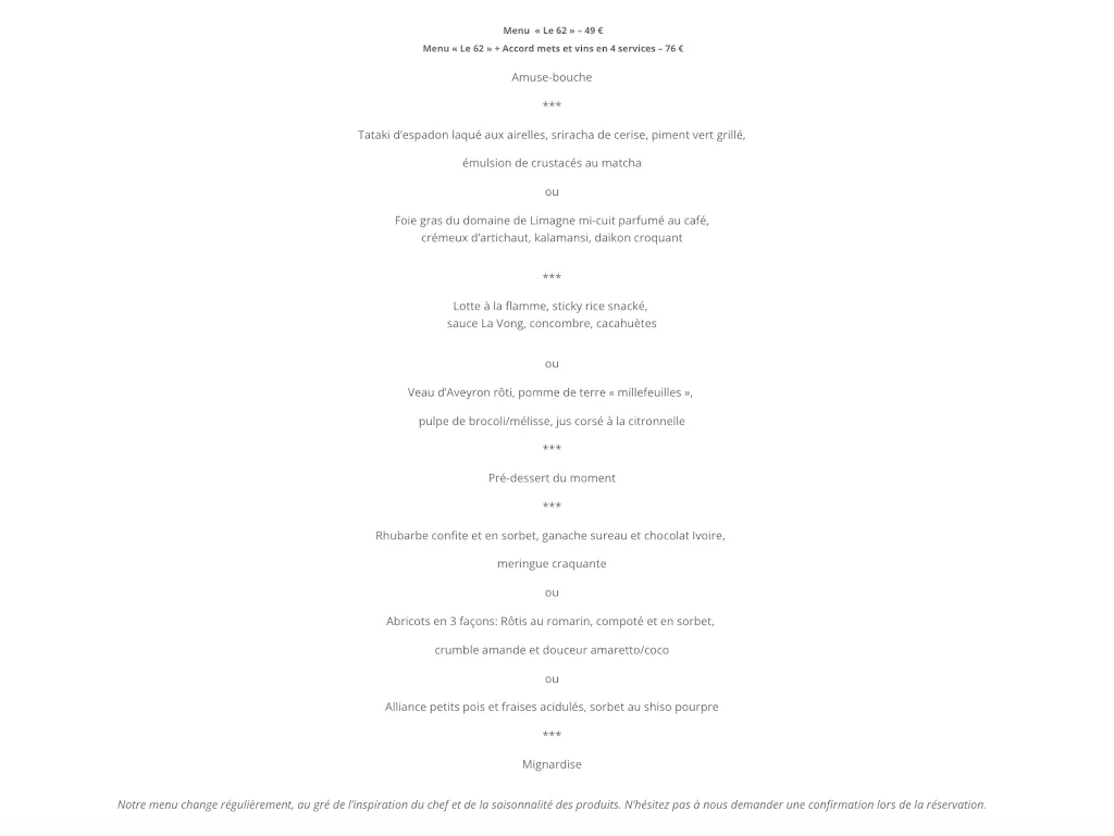 Menu_Restaurant Le 62_Clermont-Ferrand_image_1
