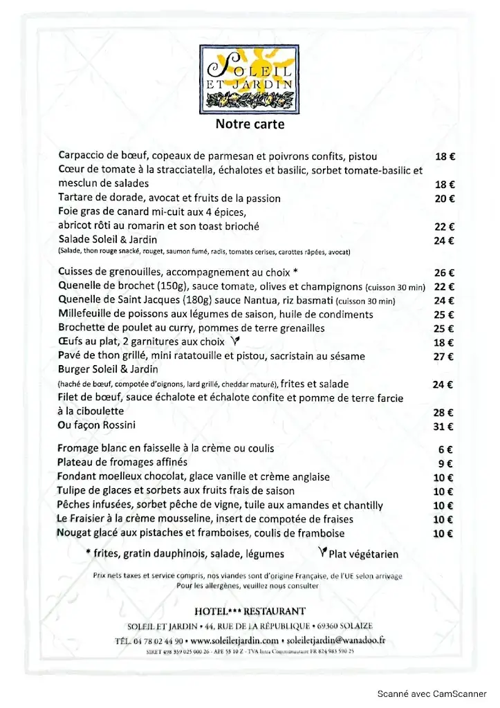Menu_Hotel Restaurant Soleil Et Jardin_Solaize_image_1