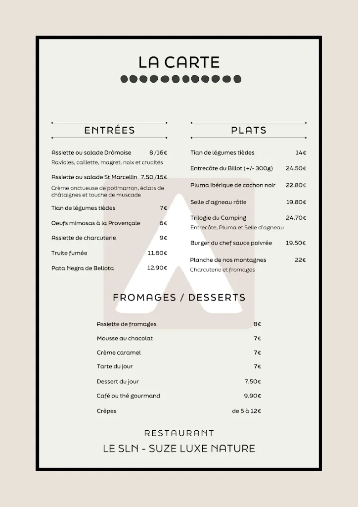 Menu_Restaurant le SLN- Camping Suze Luxe Nature_Suze-la-Rousse_image_1