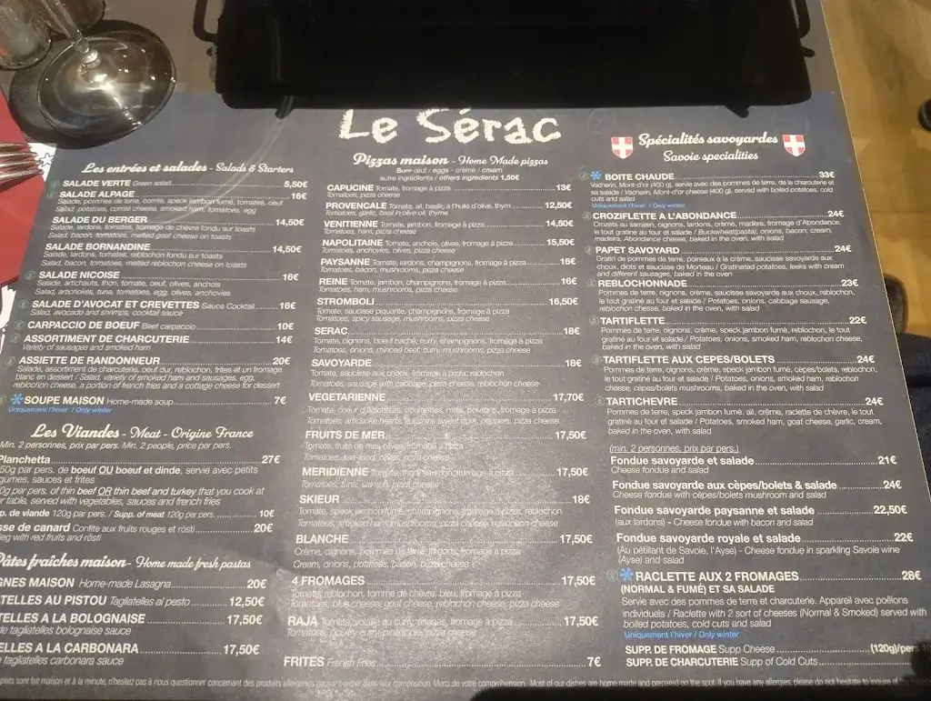 Menu_Restaurant Le Sérac (restaurant, pizzeria, spécialités savoyardes)_Samoëns_image_1