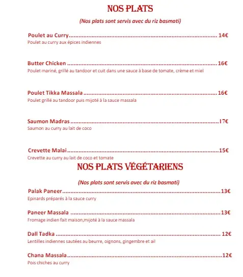 Menu_Tikka Restaurant indien_Tarare_immagine_1