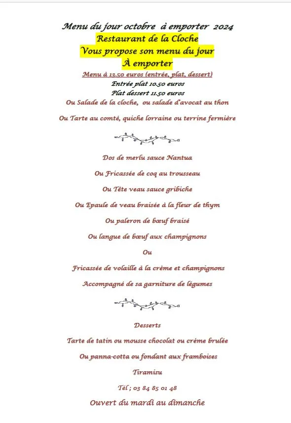Menu_Restaurant De La Cloche_Bletterans_image_1