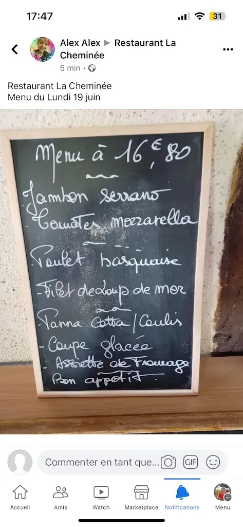 Menu_Restaurant La Cheminée_Neuvy_image_1