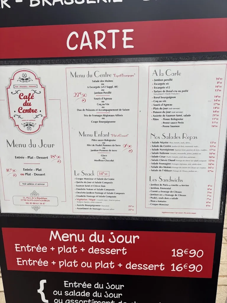 Menu_café Du centre, Bar - brasserie_Nuits-Saint-Georges_image_1