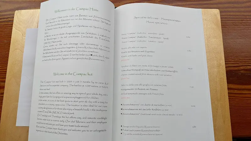 Menu_Baita Ciampac Hütte_Italy_image_3